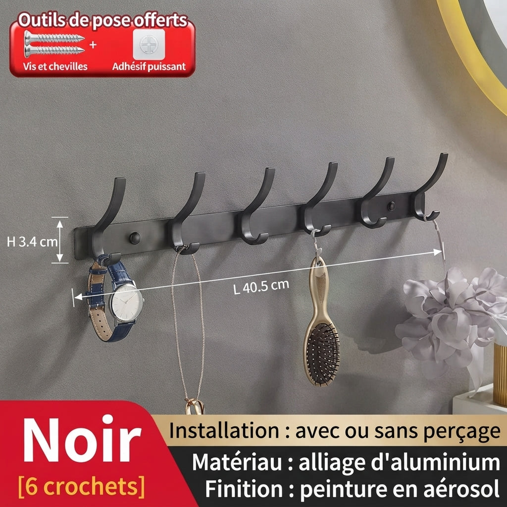 Black 6-hook aluminum wall-mounted coat rack
