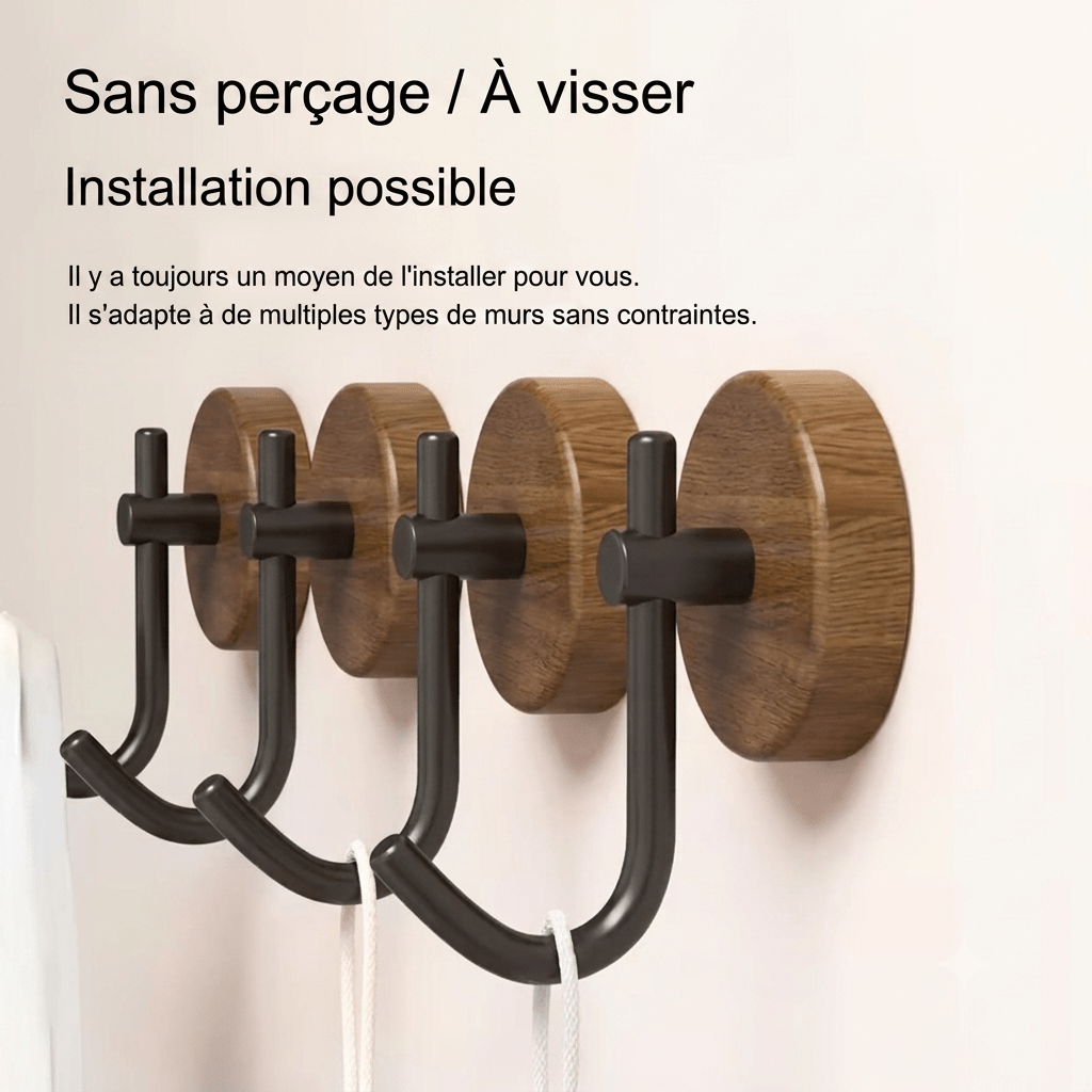 Four-piece walnut wood hook set with black metal hooks and installation options