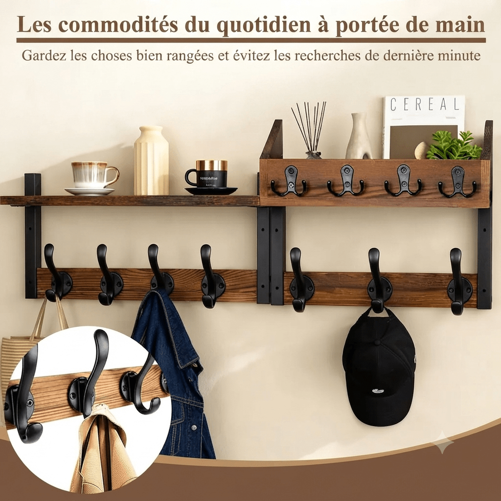 Porte manteau industriel avec 7 crochets et un étagère