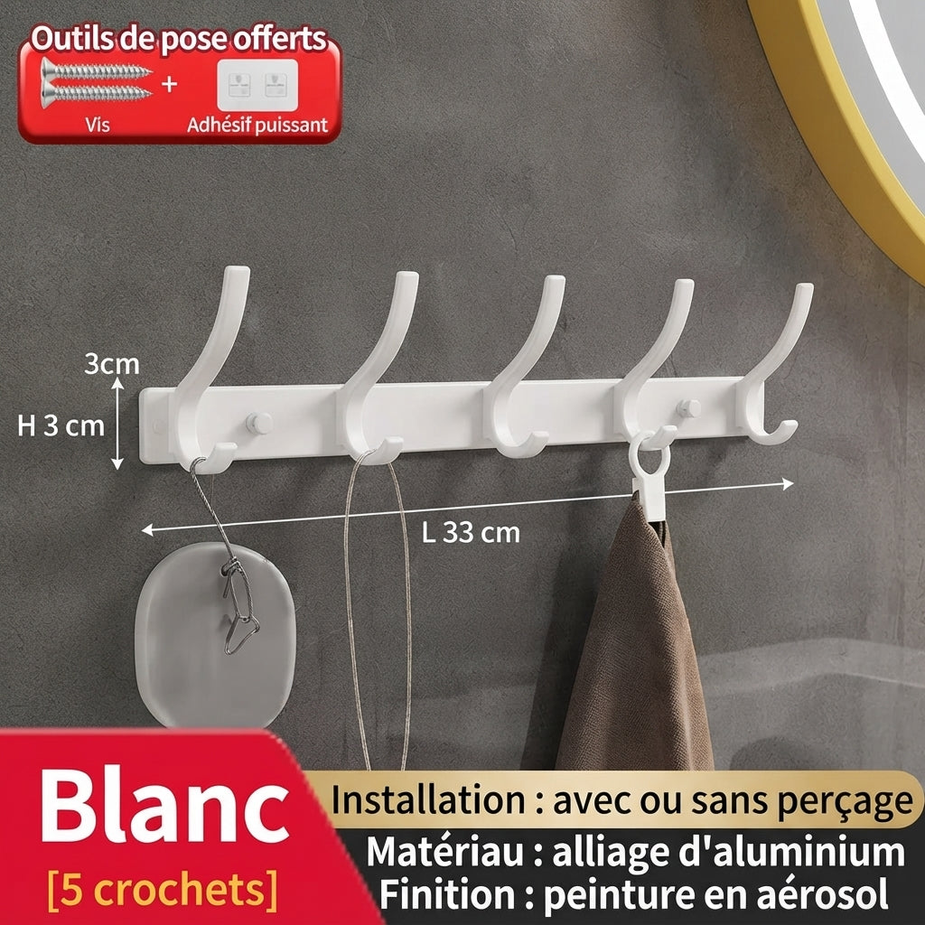 White 5-hook wall coat rack with free installation tools