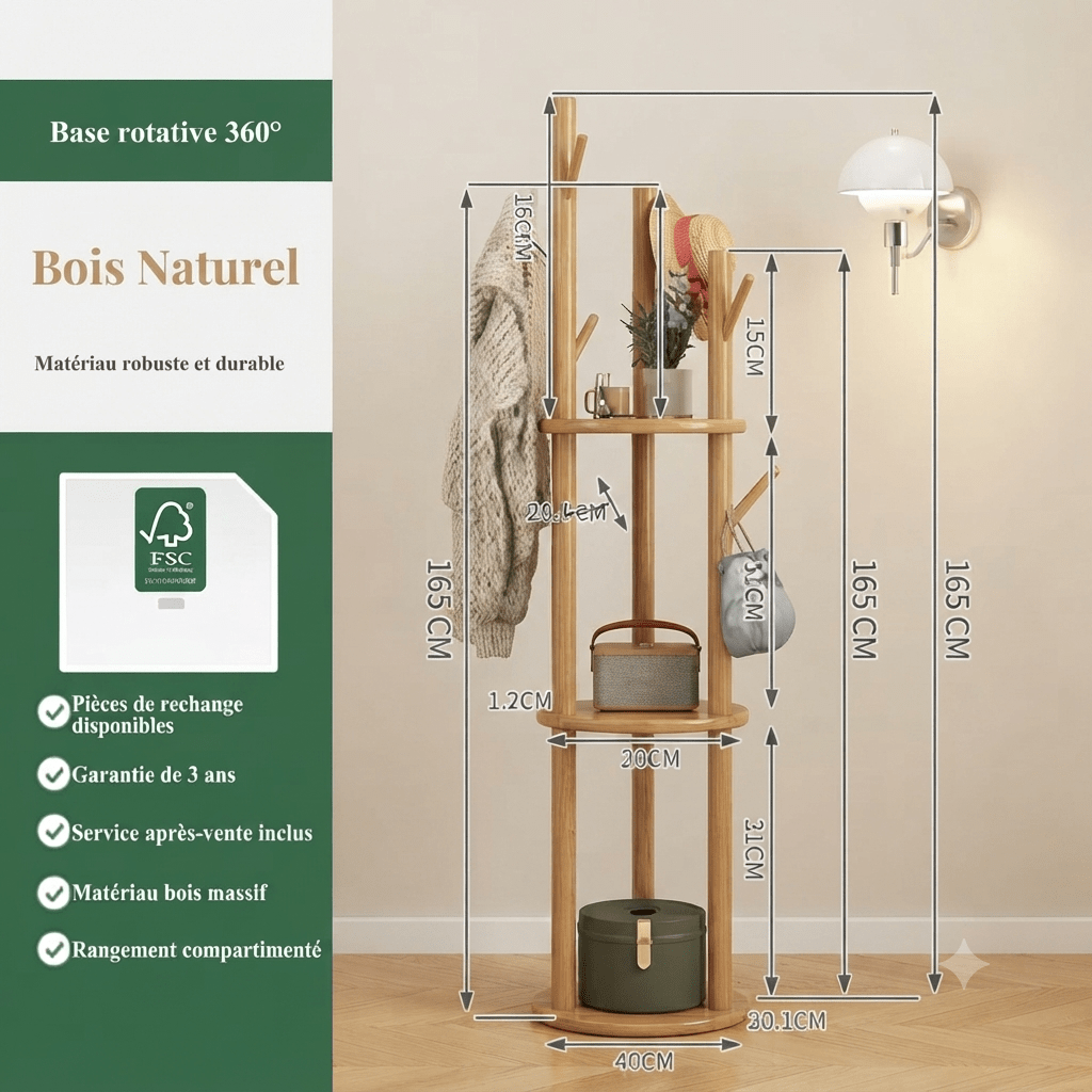360-degree base natural wood coat rack with FSC certification and warranty