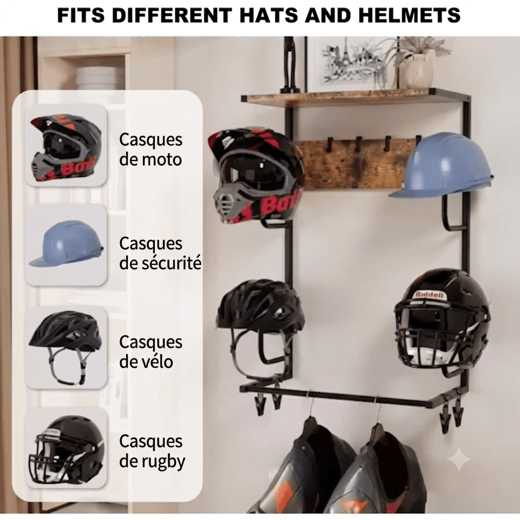 Adjustable helmet holder for moto, bike, safety, and football helmets with jacket bar