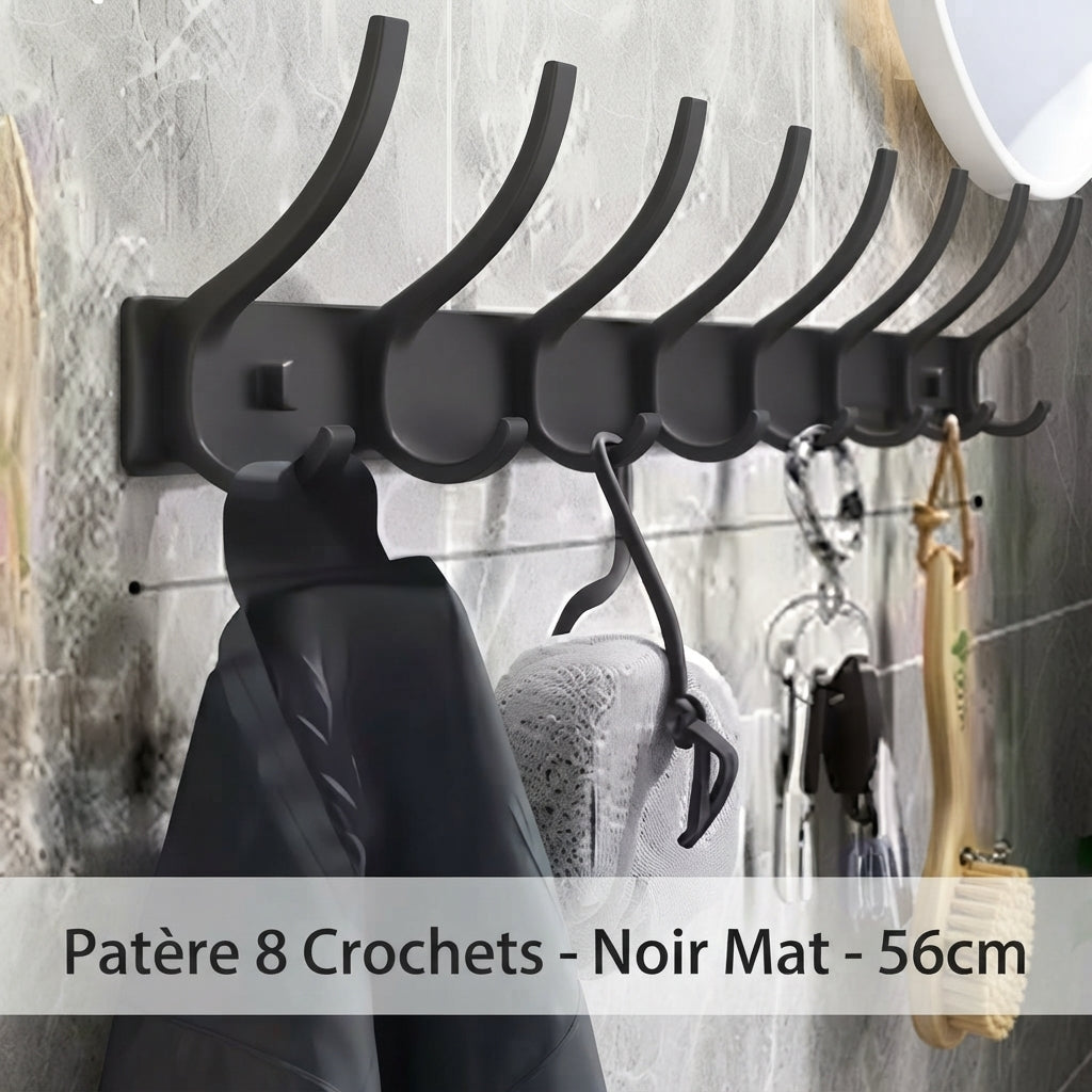 Matte black 8-hook aluminum coat rack holding jacket, keys, and brush