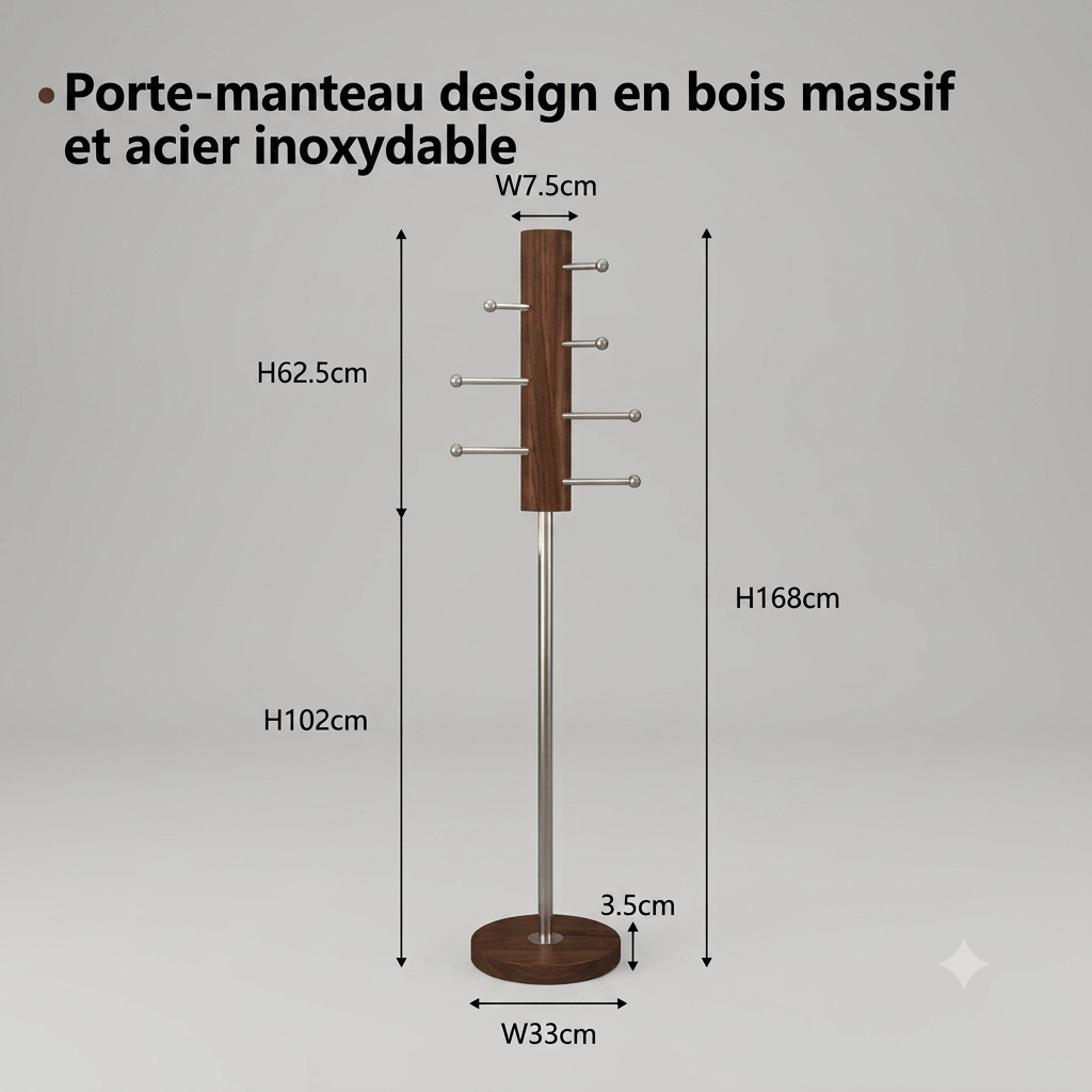 Technical diagram showing dimensions of solid oak and stainless steel floor coat rack
