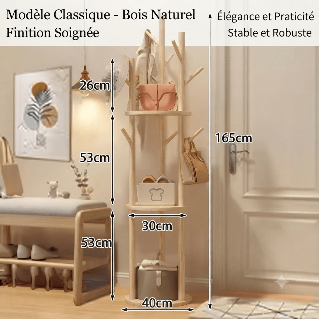 Natural wood coat rack with branch hooks and circular shelves in entryway