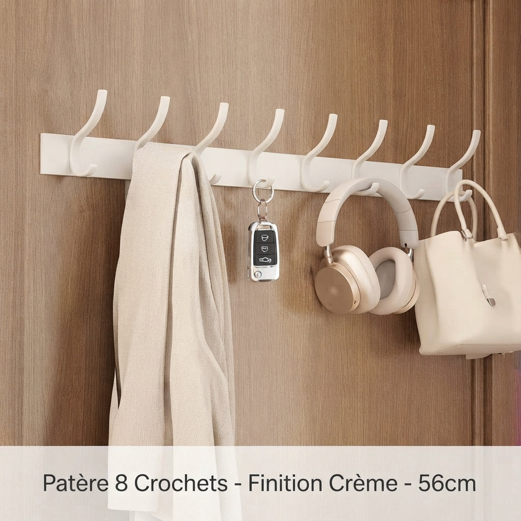Cream 8-hook aluminum coat rack holding scarf, keys, headphones, and bag