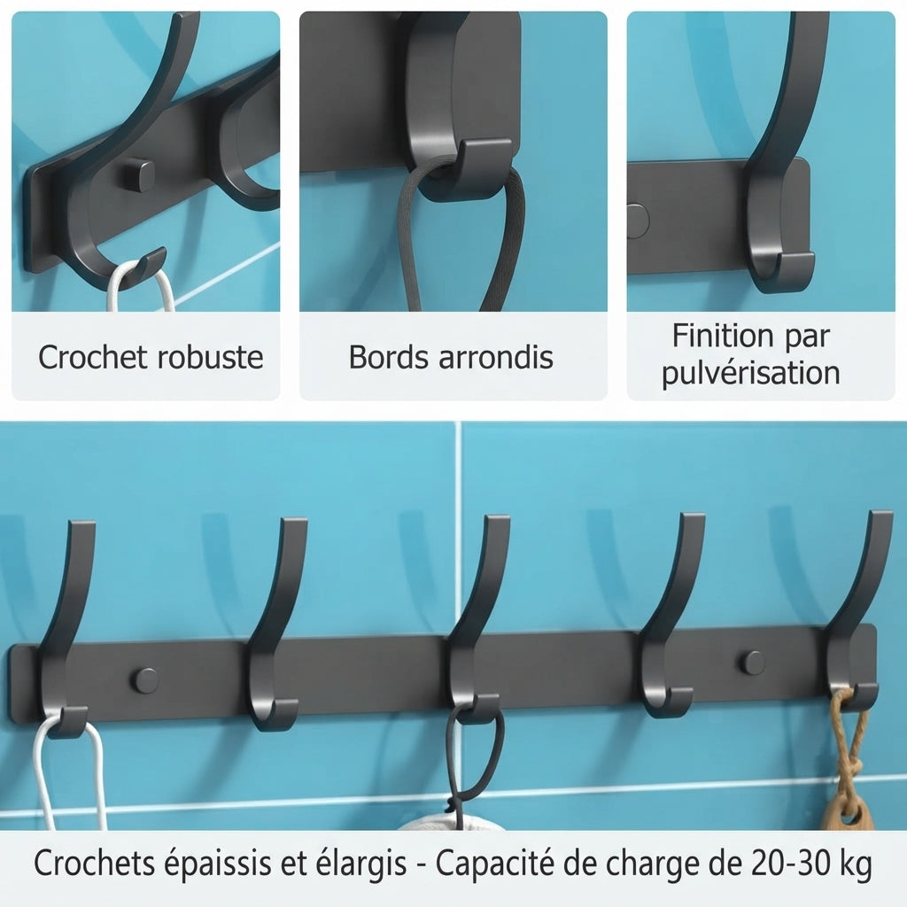 Matte black 5-hook aluminum wall coat rack with rounded edges and thickened hooks
