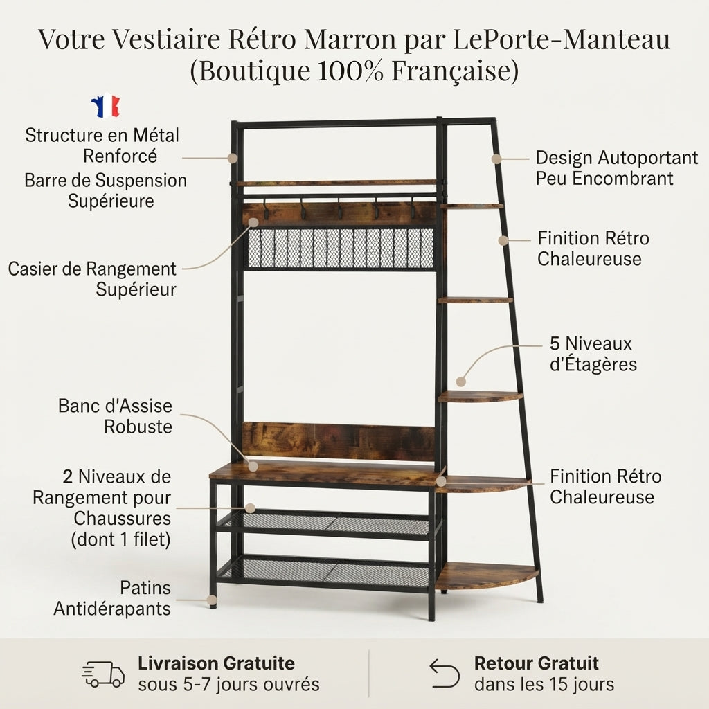 Porte manteau industriel avec étagères de style rétro marron