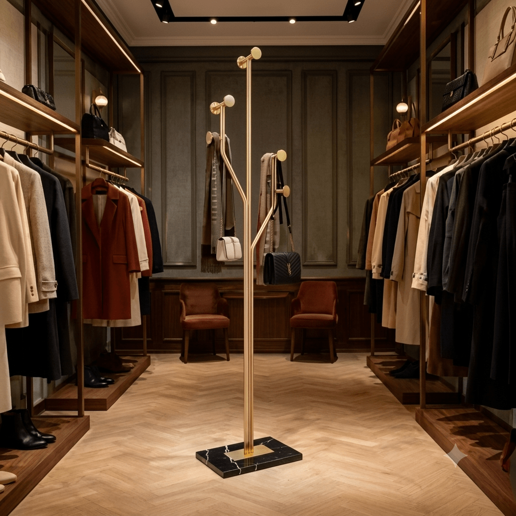 Gold coat rack with black marble base holding scarves in walk-in closet