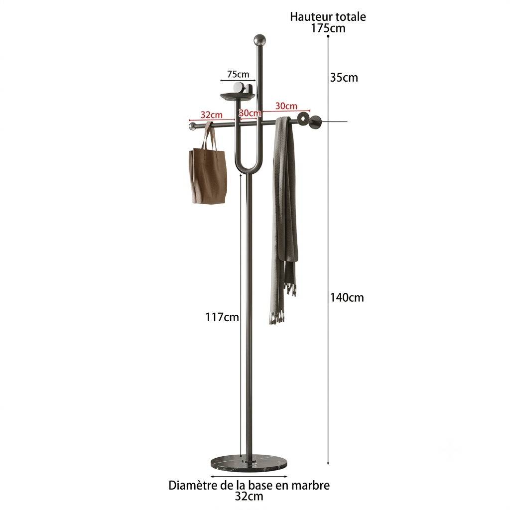 Technical diagram of black coat rack showing 175cm height and marble base dimensions