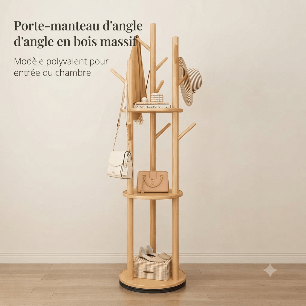 Versatile solid wood corner coat rack with black rotating base ring