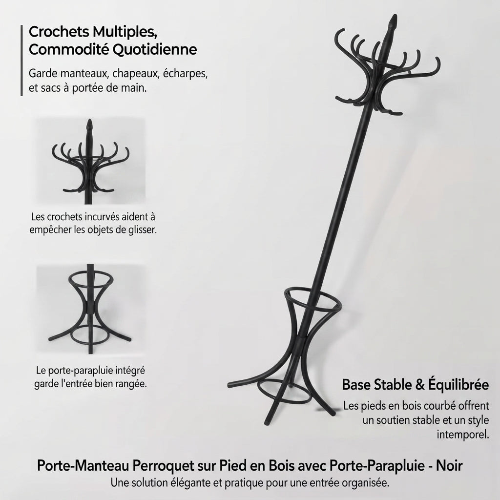 Porte manteau perroquet en bois 12 crochets et range parapluie