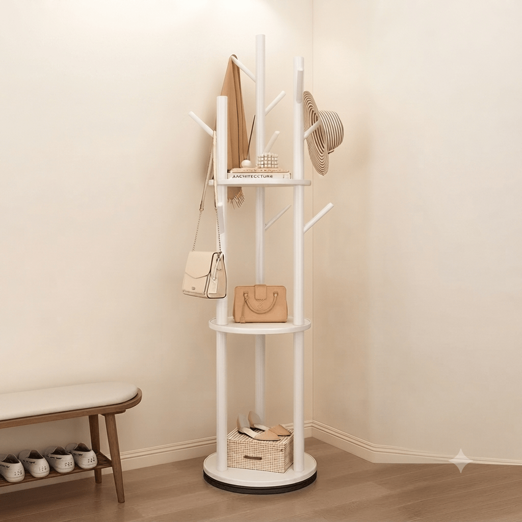 Front view of white multi-functional tree-style coat rack with shelves