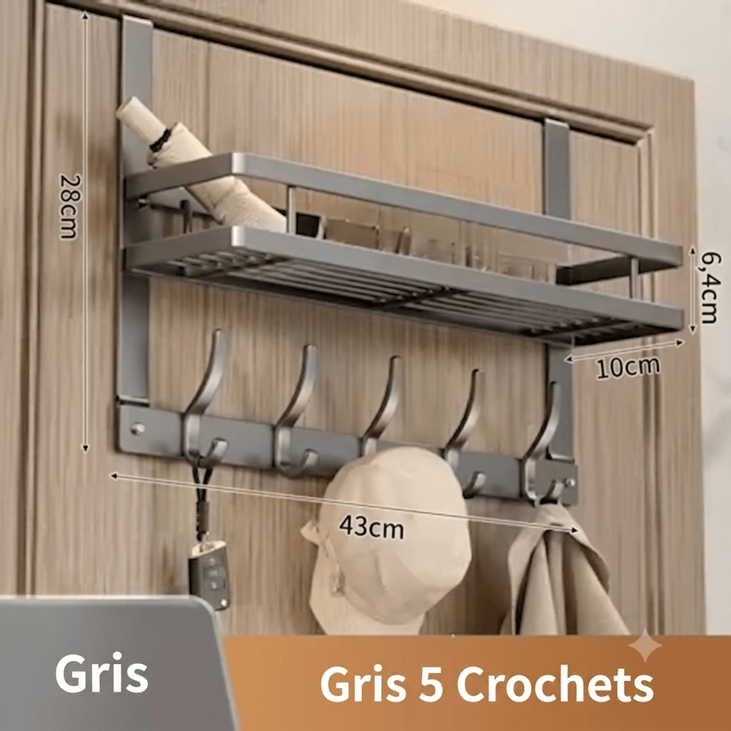 Grey metal over-the-door coat rack with shelf and 5 hooks for hallway organization