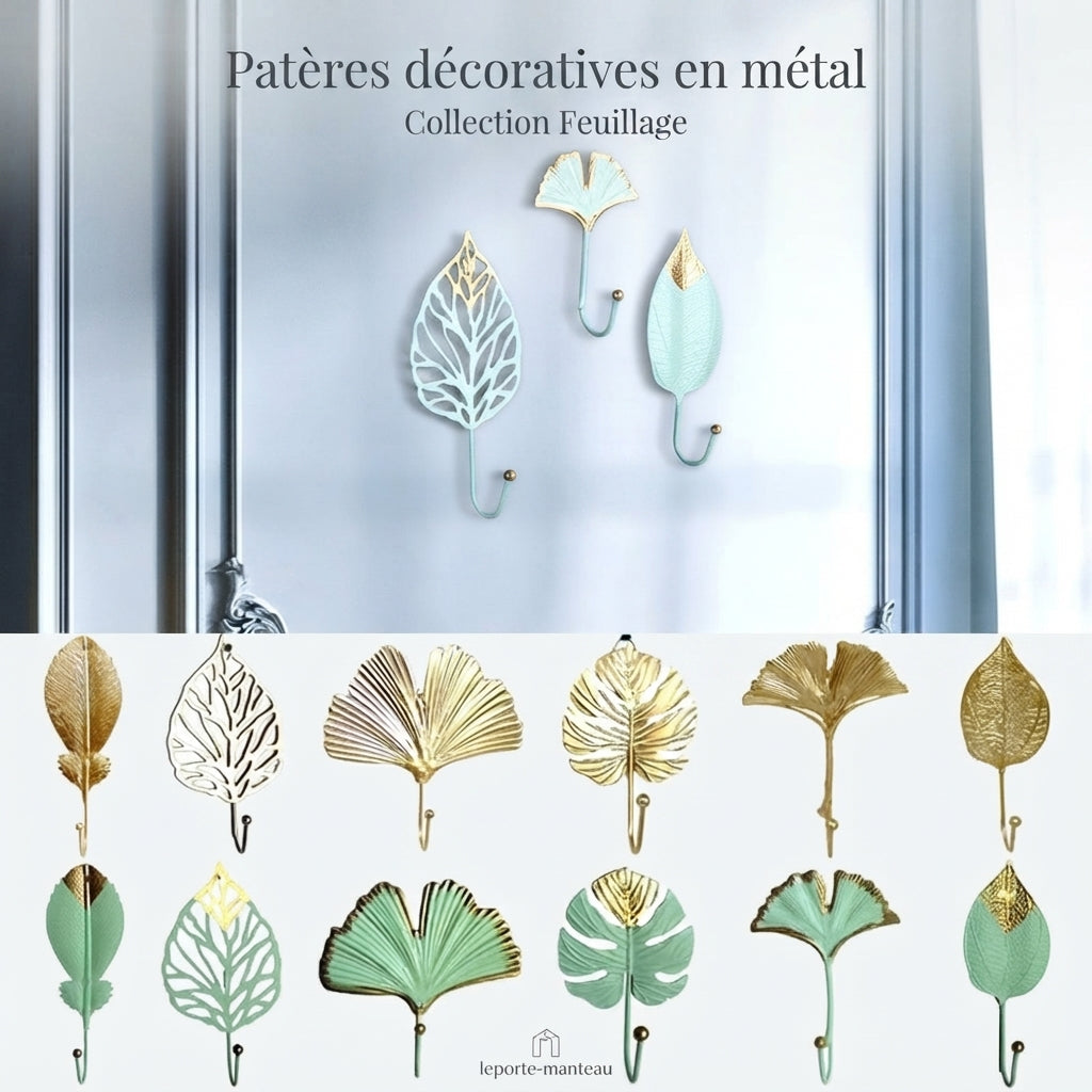 Leaf-shaped metal wall coat hooks in mint, gold, and black