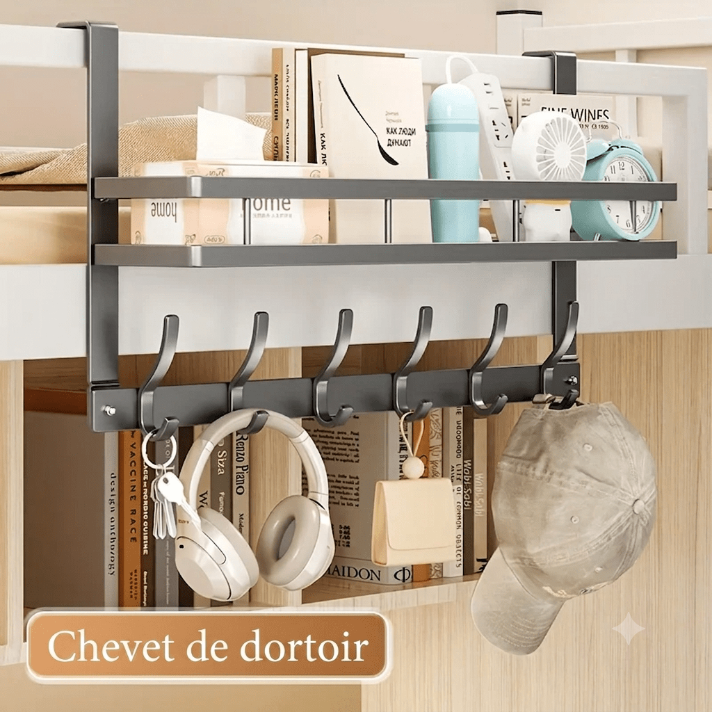 Grey over-the-door rack with shelf holding headphones and books above bed frame