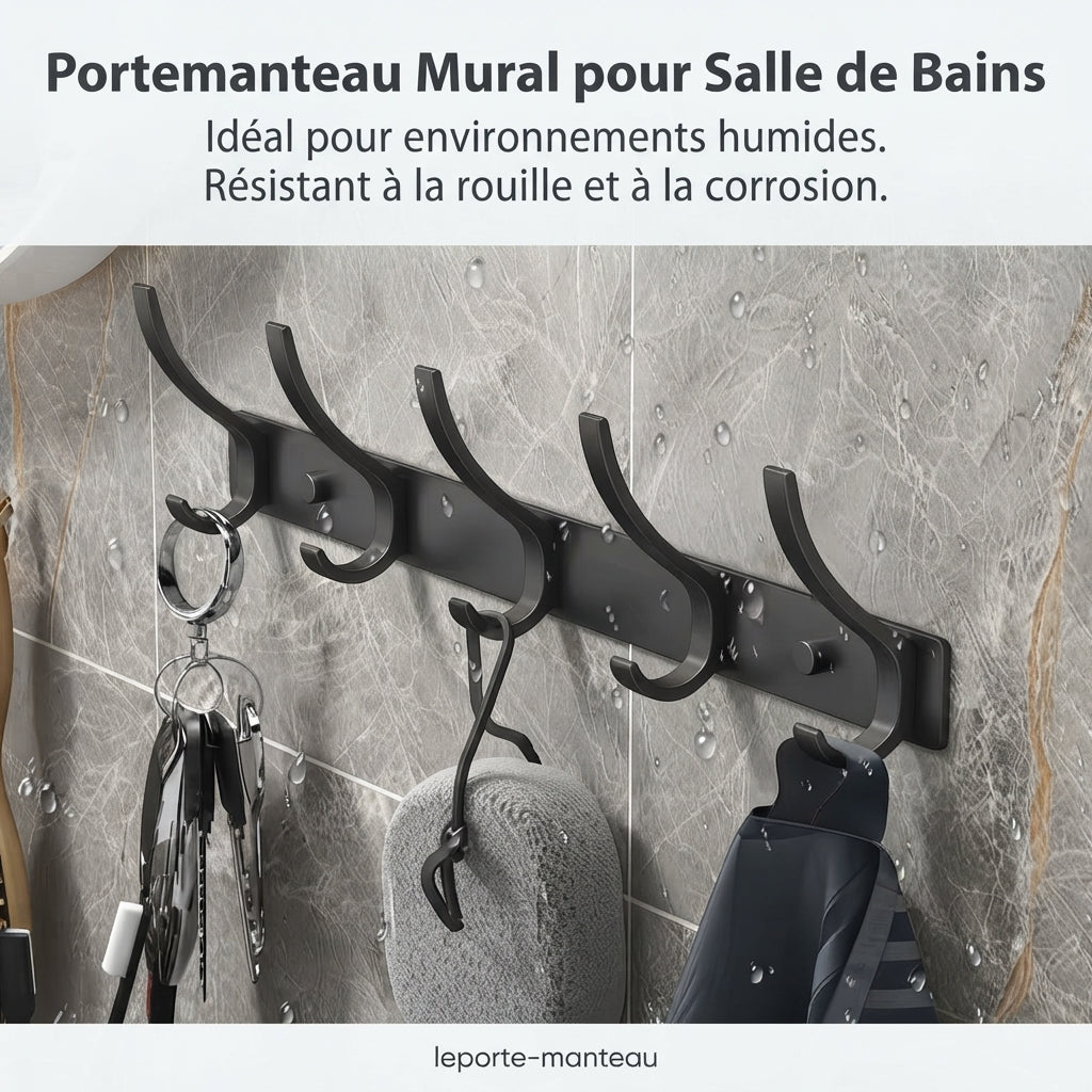 Black 5-hook rust-resistant wall rack for humid bathrooms