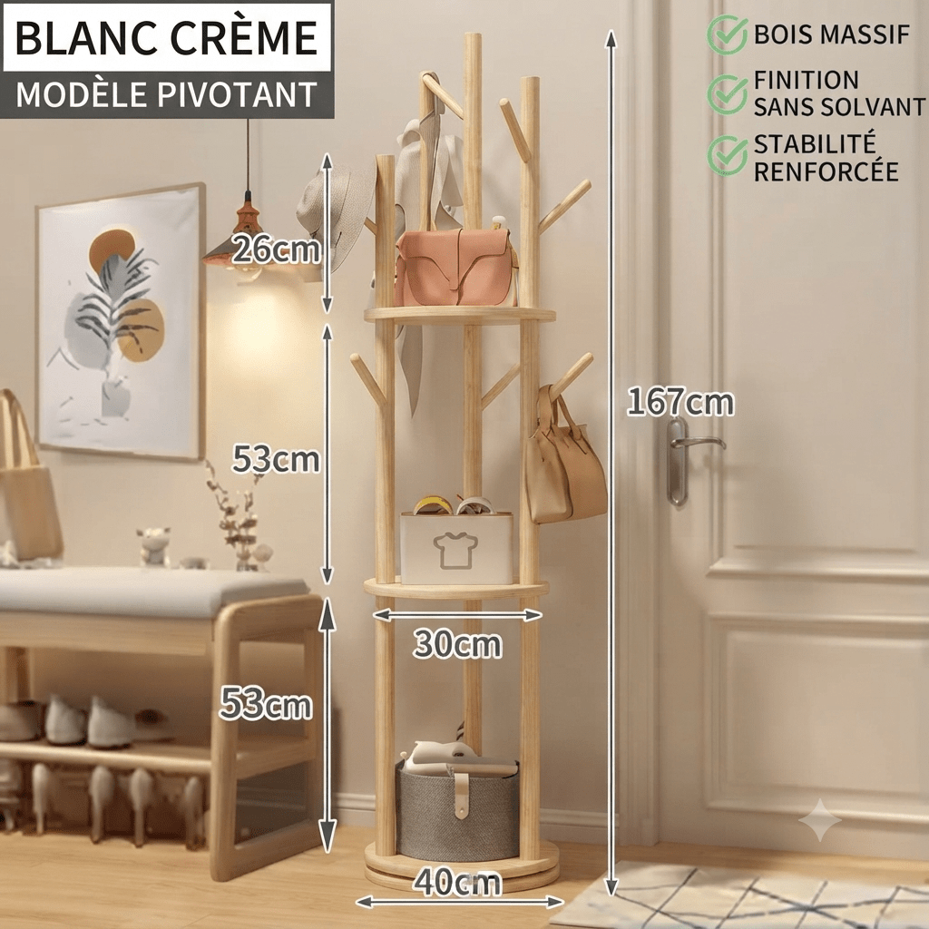 Natural wood pivot coat rack dimensions and reinforced stability specs