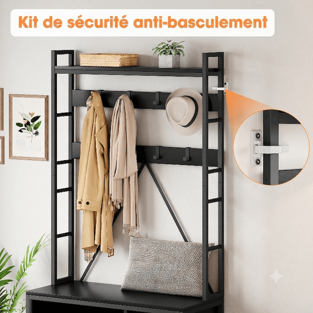 Kit de sécurité anti-basculement pour porte manteau industriel avec fixation murale sécurisée