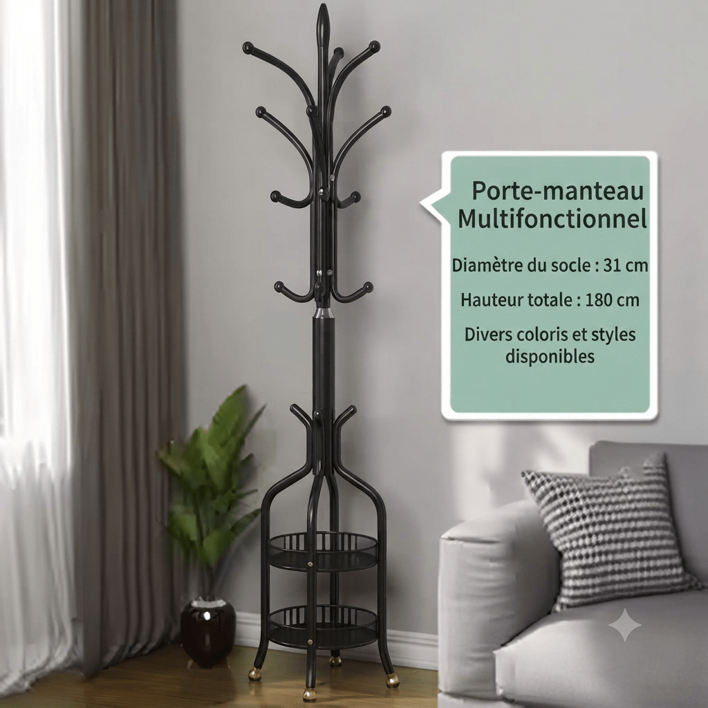 Black metal entryway organizer with curved branches and concentric slatted shelves