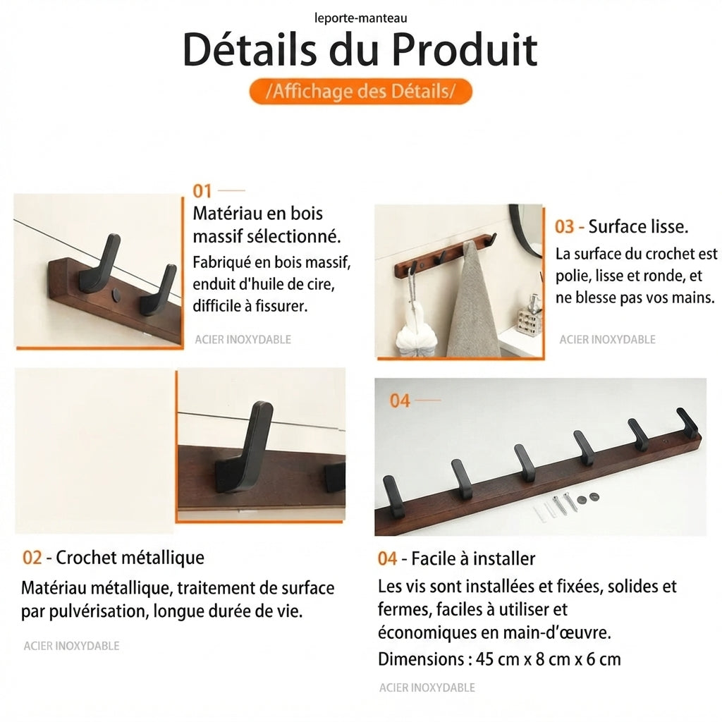 Porte manteau mural en bois marron crochets en métal noir
