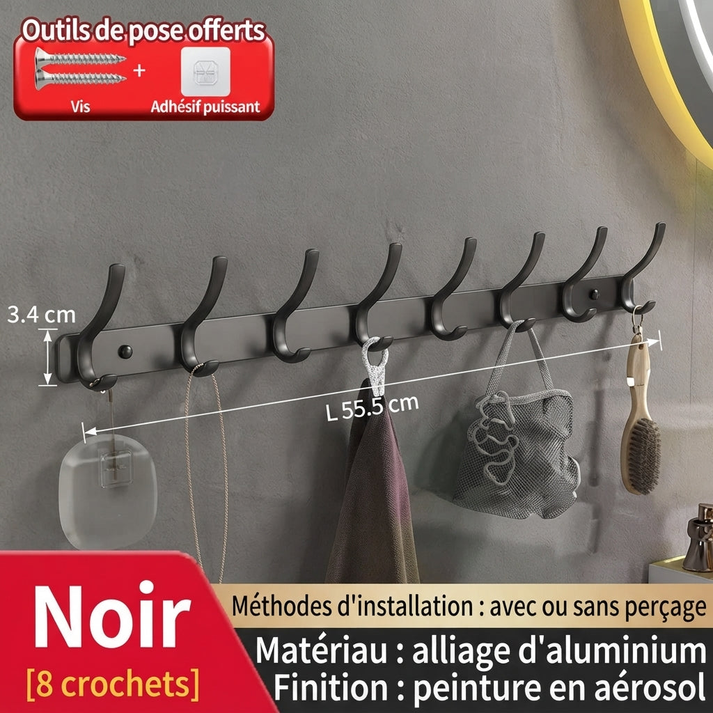 Black 8-hook aluminum wall coat rack with adhesive option