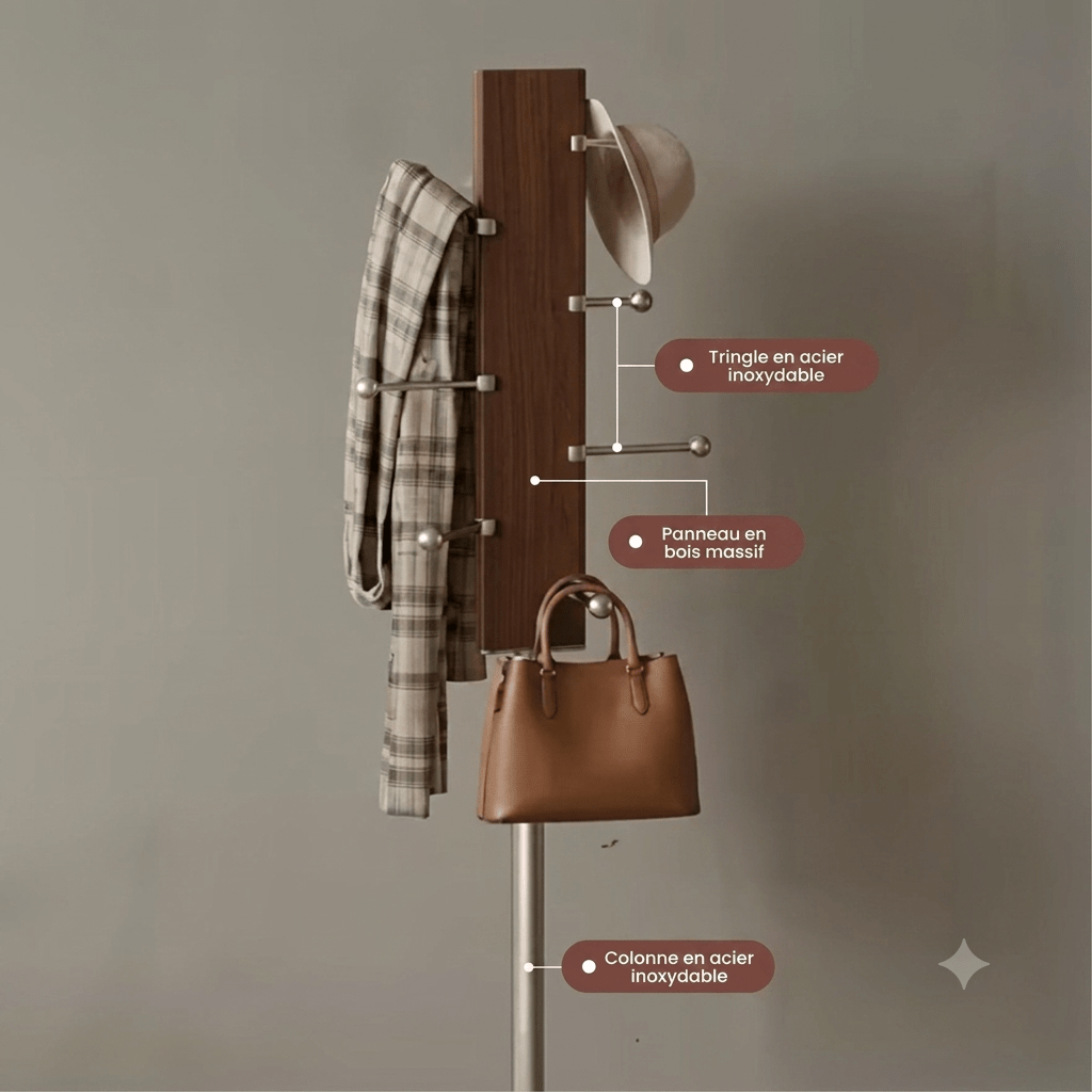 Nordic solid oak and stainless steel coat rack with hooks holding plaid shirt and handbag