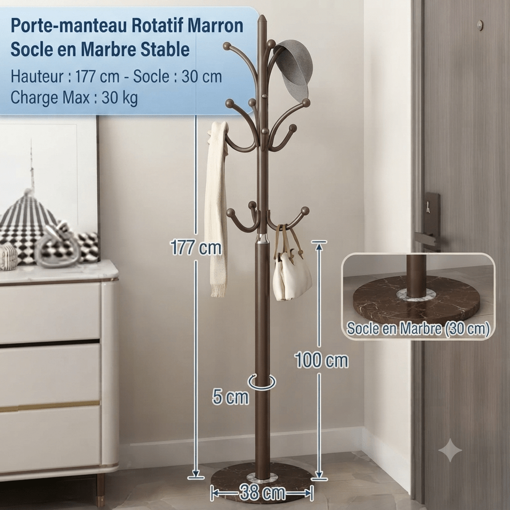Rotating red metal coat rack with white marble base and 40kg capacity