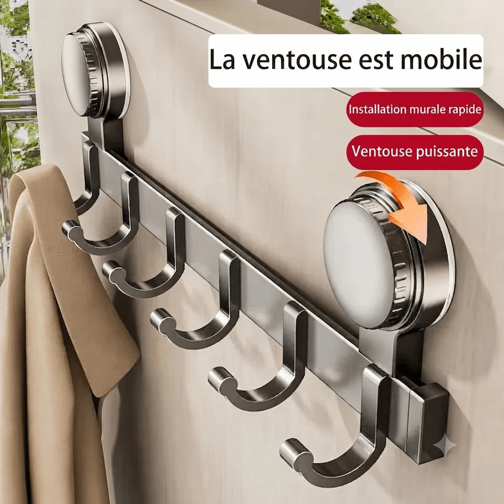 Brushed silver six-hook wall-mounted rack with rotating suction cup activation and beige coat