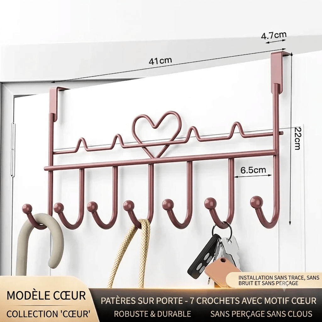 Rose-gold over-door hook rack with 7 hooks and heart motif for keys and bags