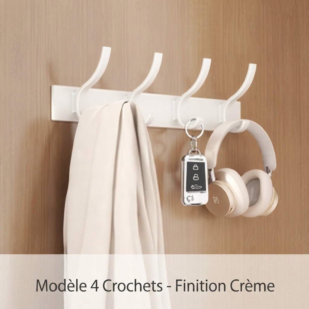 White 5-hook matte aluminum coat rack mounted on gray marble tile wall