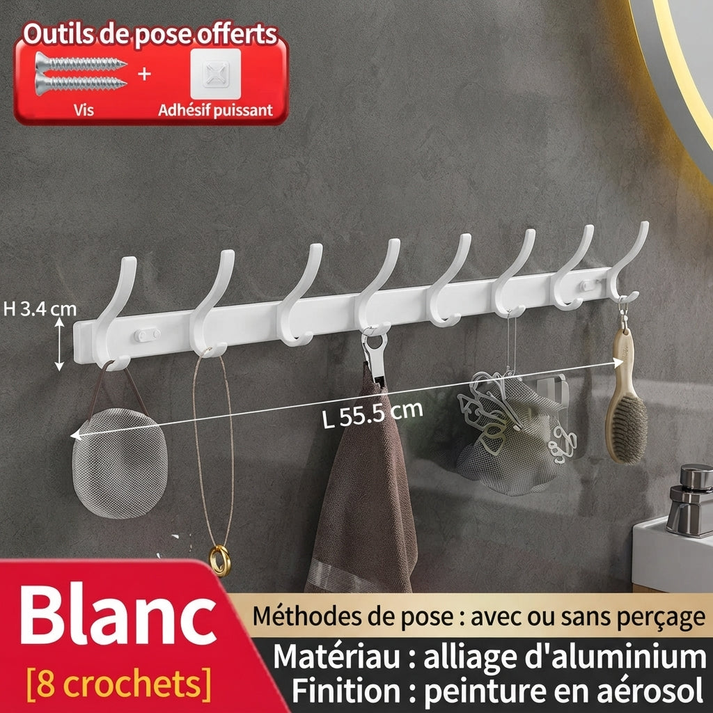 White 8-hook aluminum wall coat rack with spray paint finish