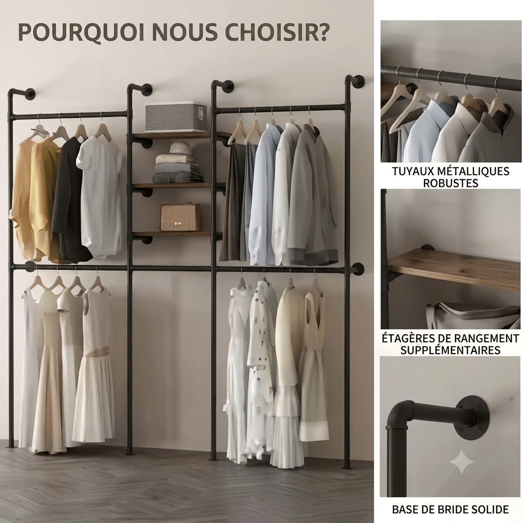 Industriel mural porte manteau LED avec tuyauterie métal et étagères bois