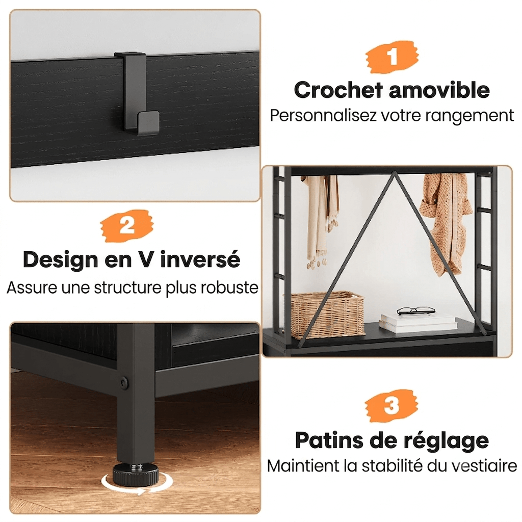 Détails porte manteau industriel: crochet amovible, structure en V inversé et patins de réglage