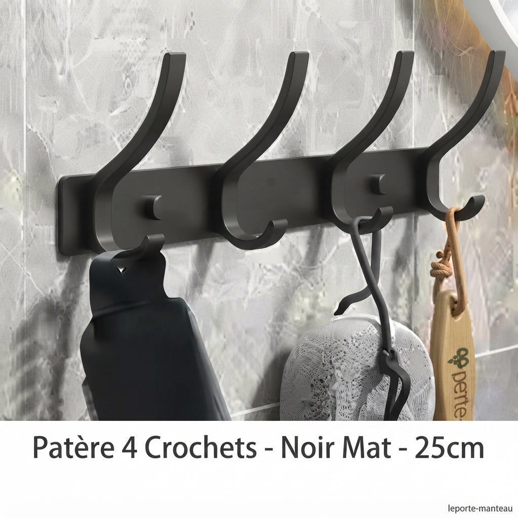 Black matte 4-hook industrial wall coat rack with accessories