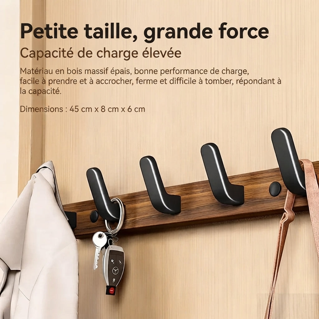 Porte manteau mural en bois marron crochets en métal noir