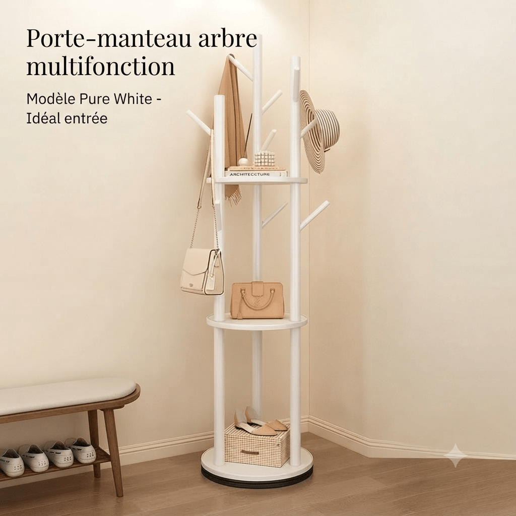 Pure white multifunctional tree coat rack styled in modern entryway corner