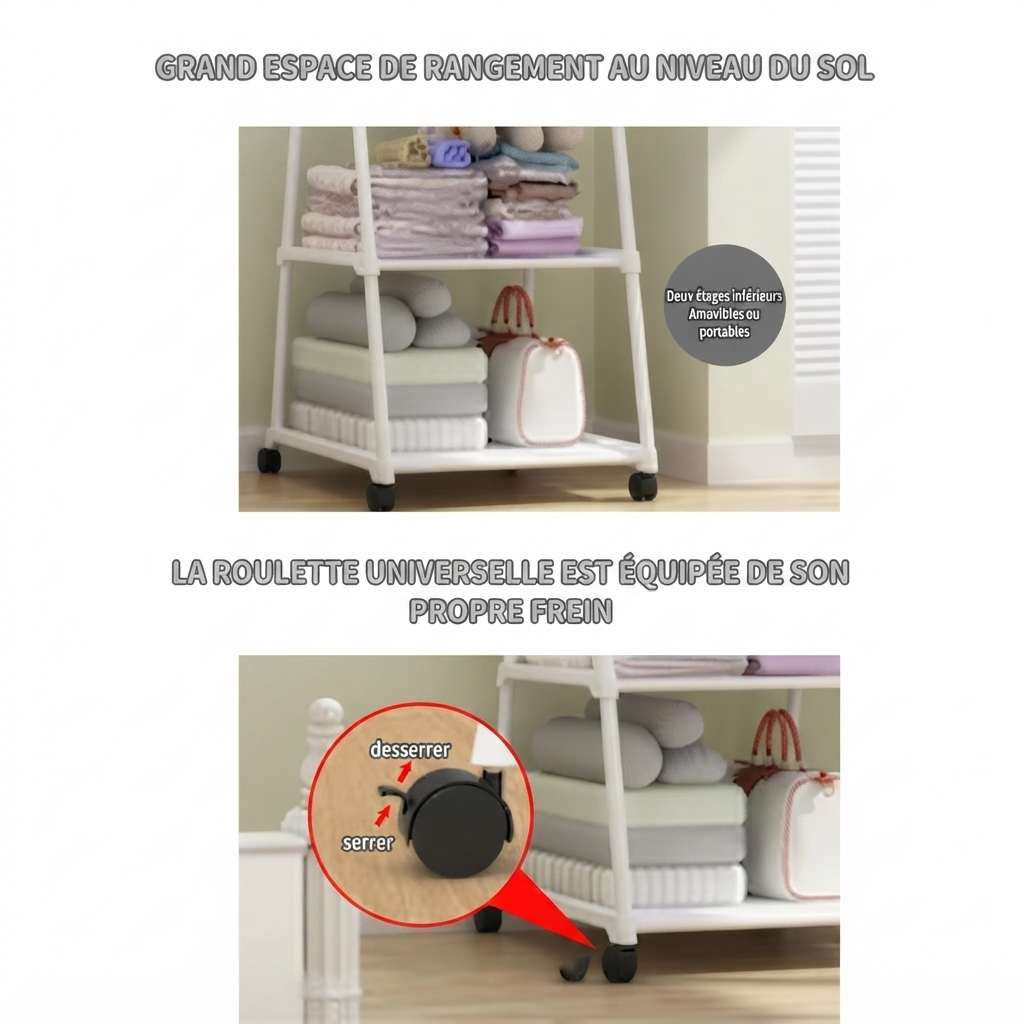 Porte manteau enfant triangle à roulettes avec étagères