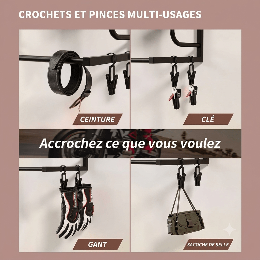 Multi-use wall hooks for belts, keys, gloves, and saddlebags on industrial metal frame