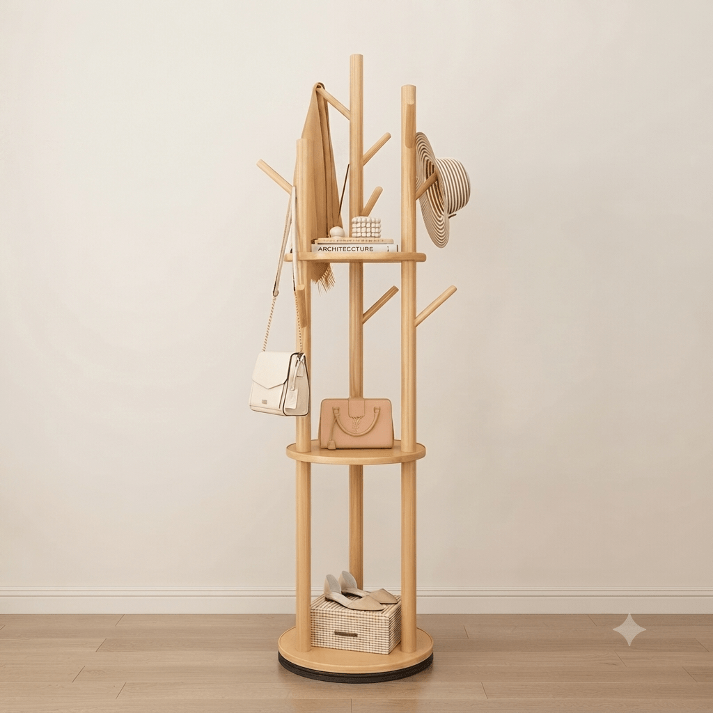 Natural bamboo rotating coat rack with shelves and hooks for entryway storage