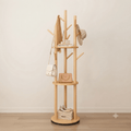 Natural bamboo rotating coat rack with shelves and hooks for entryway storage
