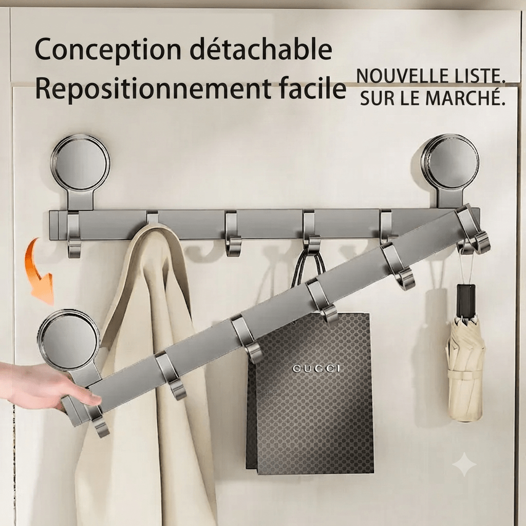 Detachable six-hook metal rack showing easy removal and repositioning with bags and umbrella