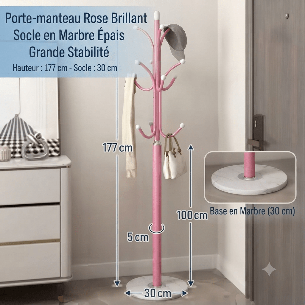 Glossy pink metal coat rack with white marble base and curved hooks