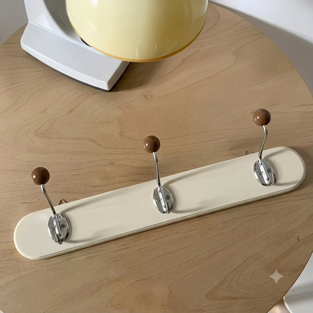 Porte manteau vintage avec plateau en bois coloré