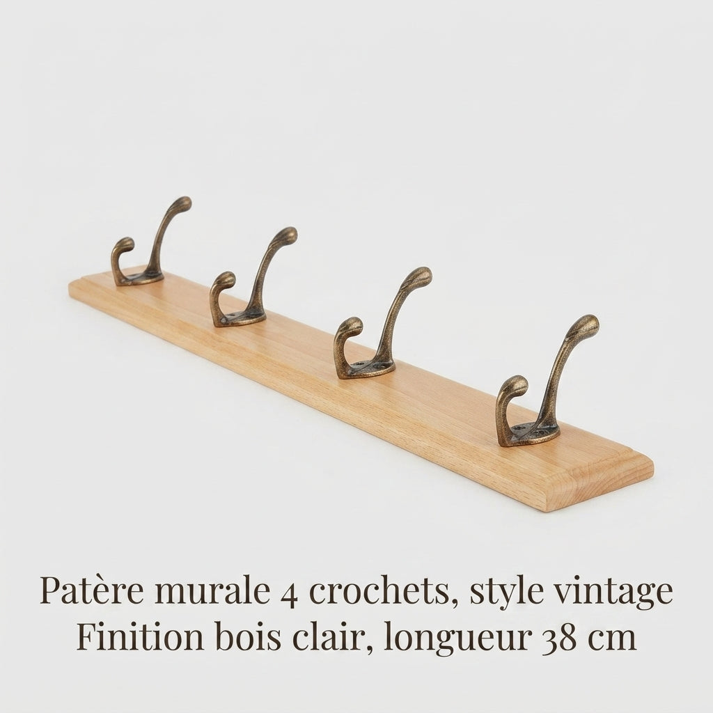 Porte manteau mural crochets rustique plateau bois massif
