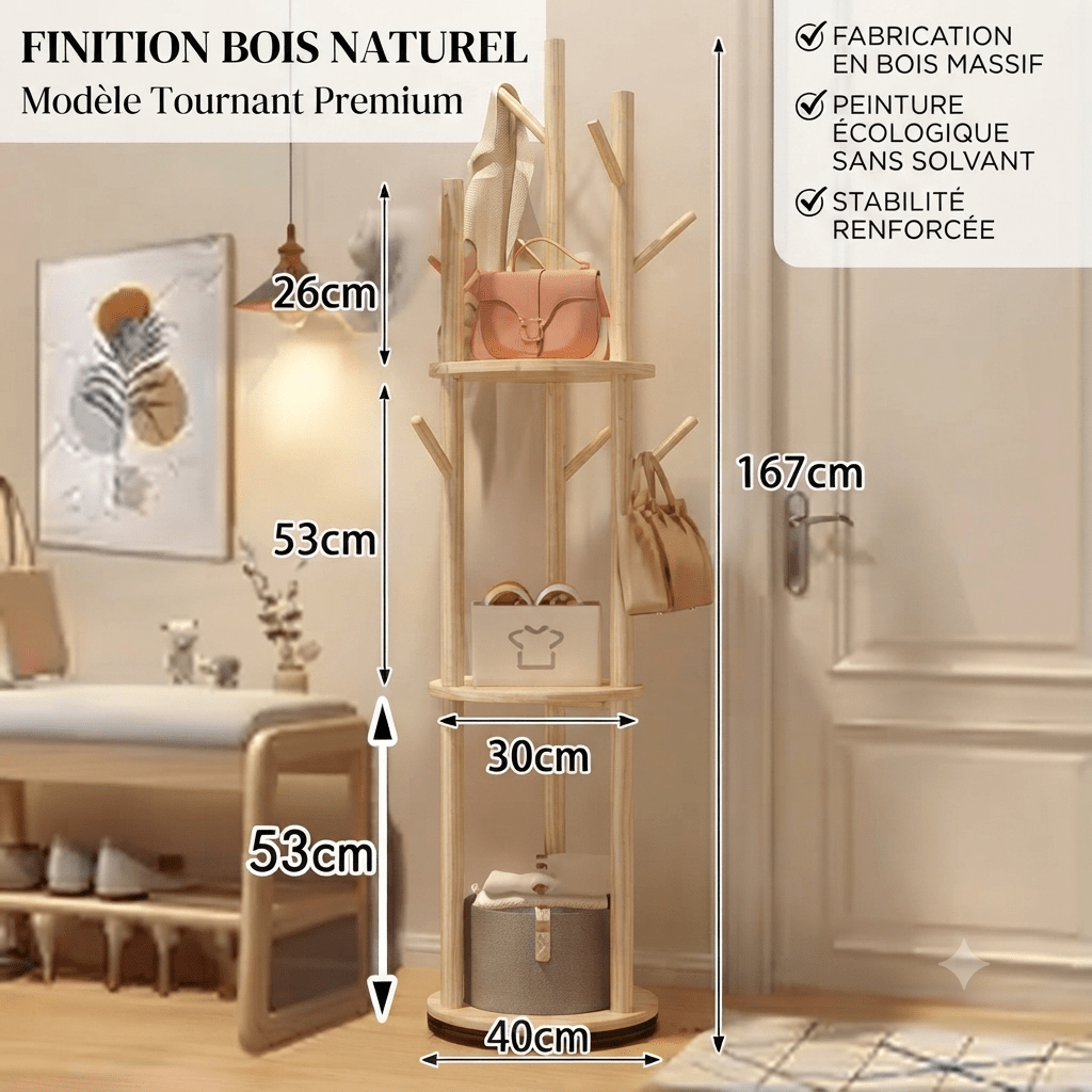 Natural solid wood coat rack with dimension lines and eco-friendly finish details