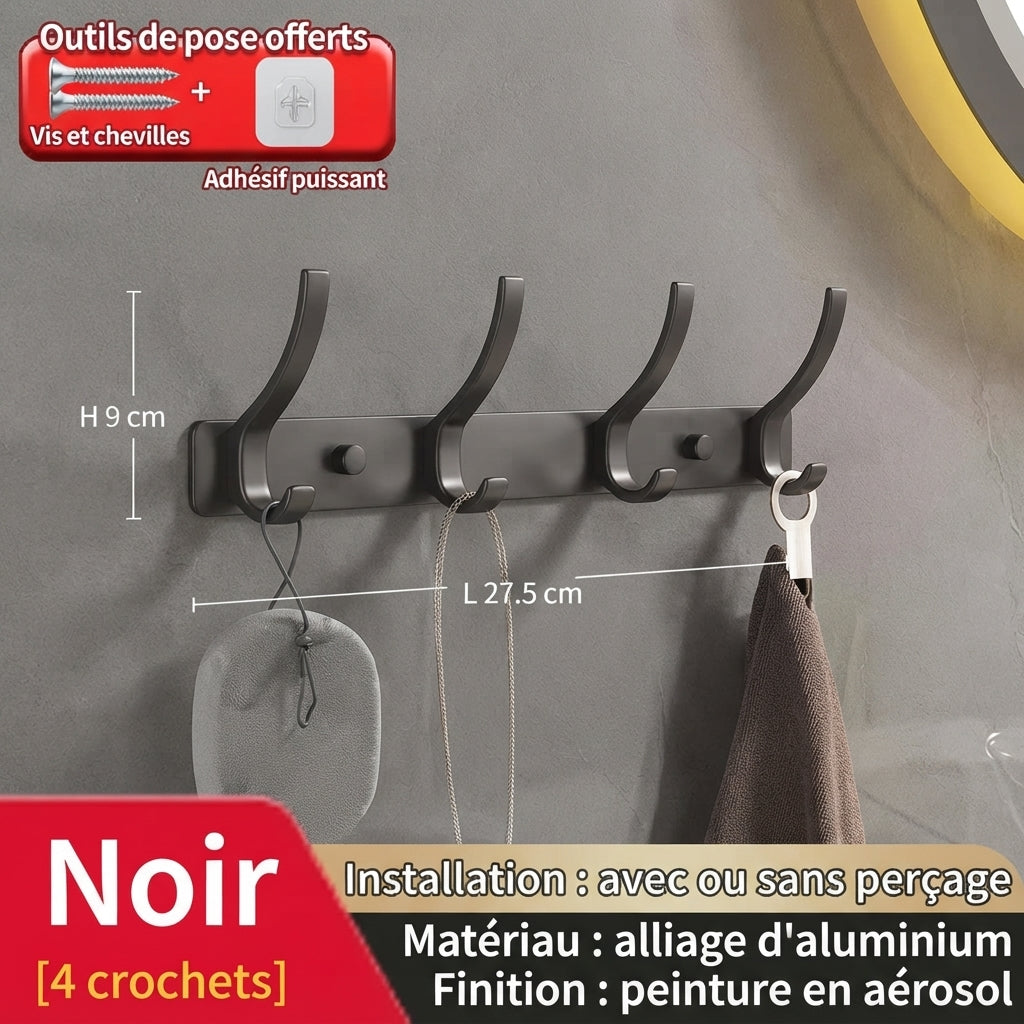 Compact black 4-hook aluminum wall hook rack