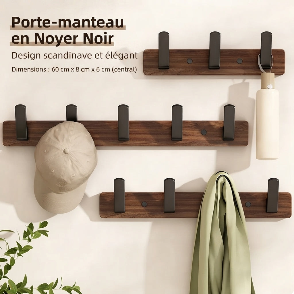 Porte manteau mural en bois marron crochets en métal noir