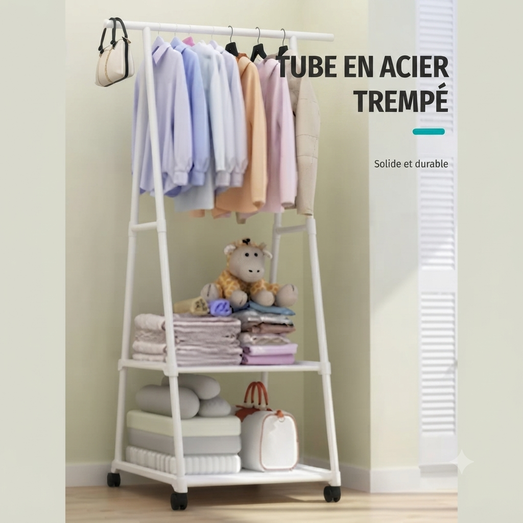 Porte manteau enfant triangle à roulettes avec étagères