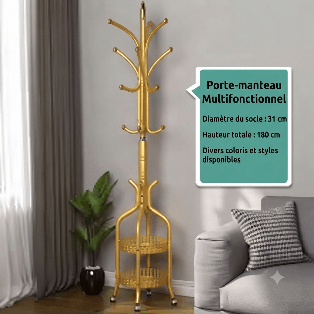 Gold finish metal coat rack with curved hooks and integrated base storage trays